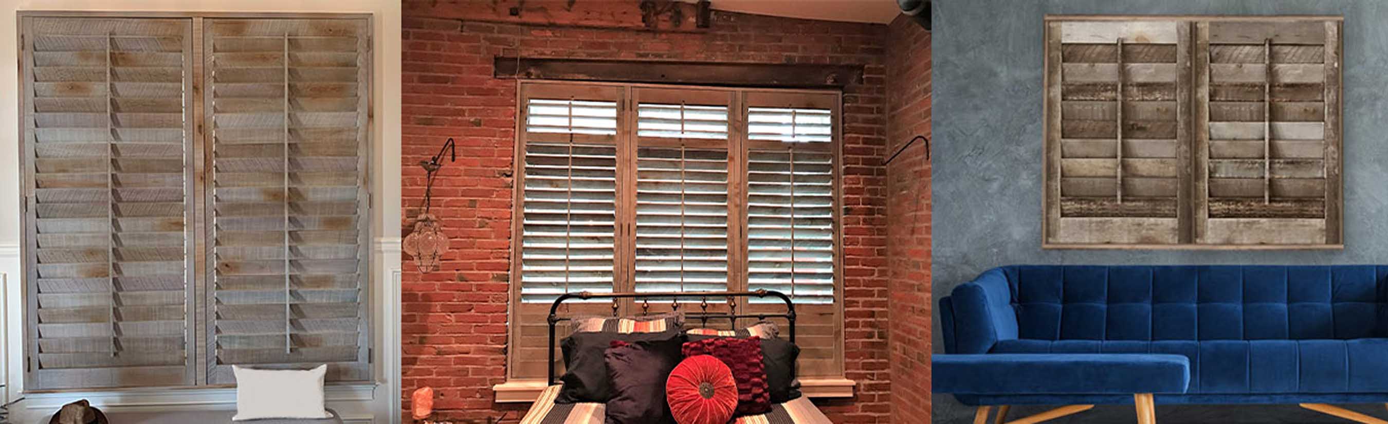 Reclaimed wood shutter windows of three different rooms of a house.