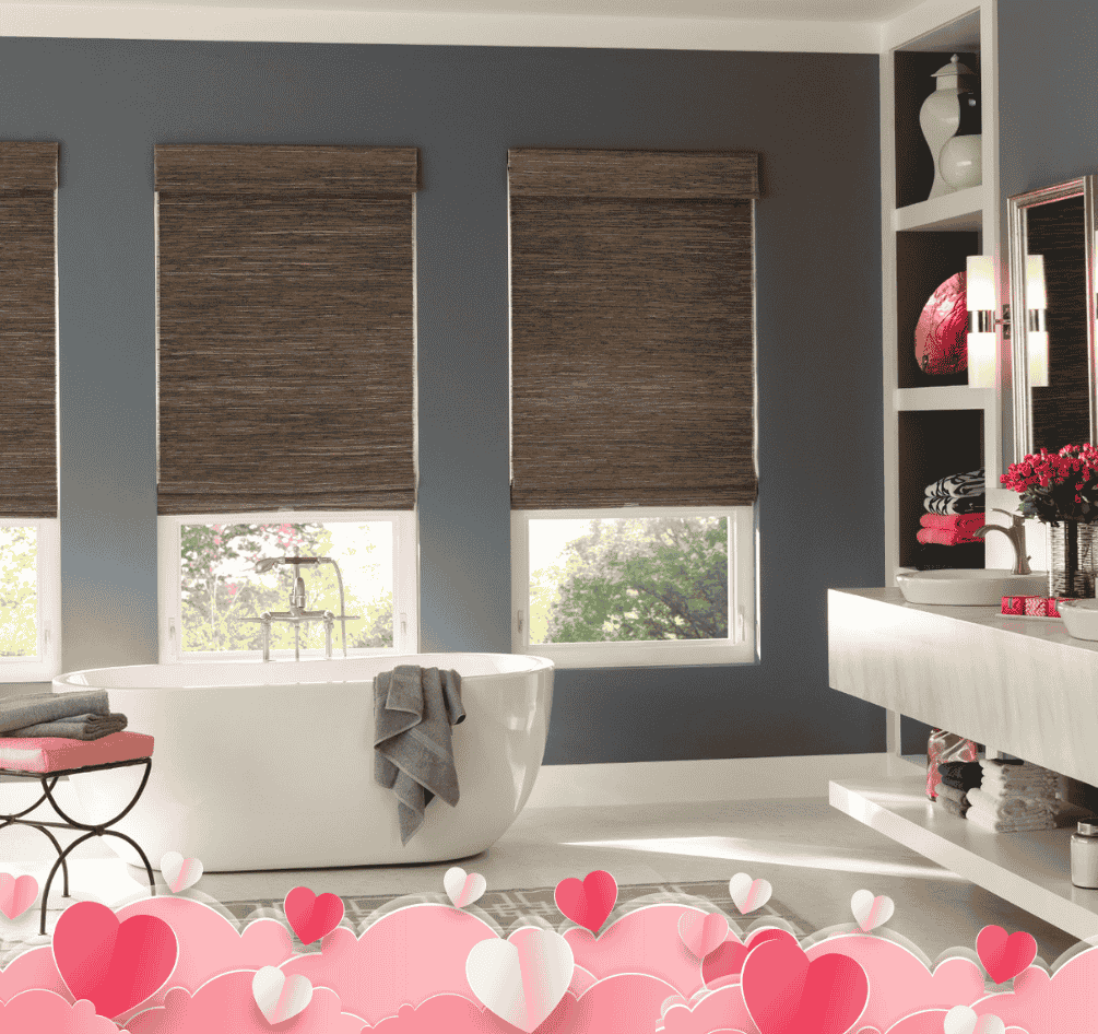 natural shades in a bathroom with red roses on the sink plus heart graphic overlay at the bottom of the image