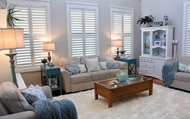 Polywood shutters in colorful living room
